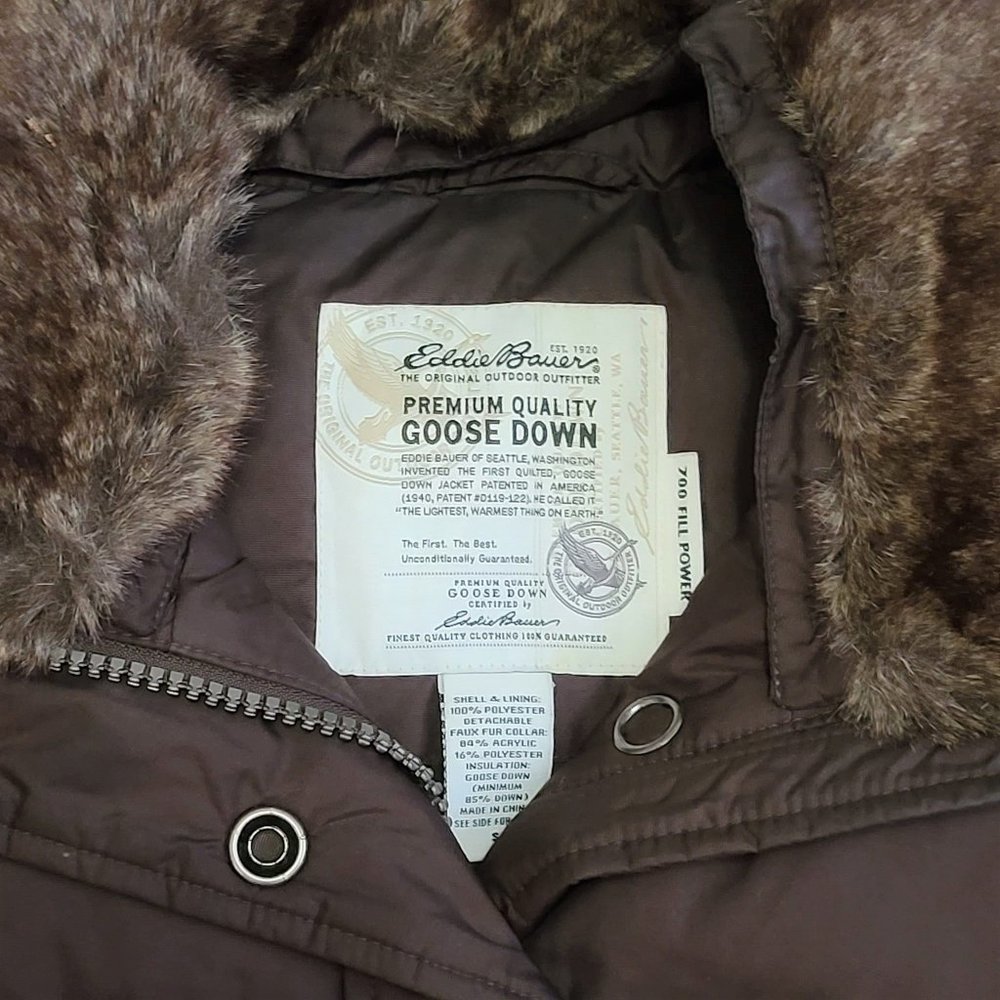 Eddie Bauer Vest size Small premium Goose Down Vest color brown faux fur removal - Picture 6 of 8